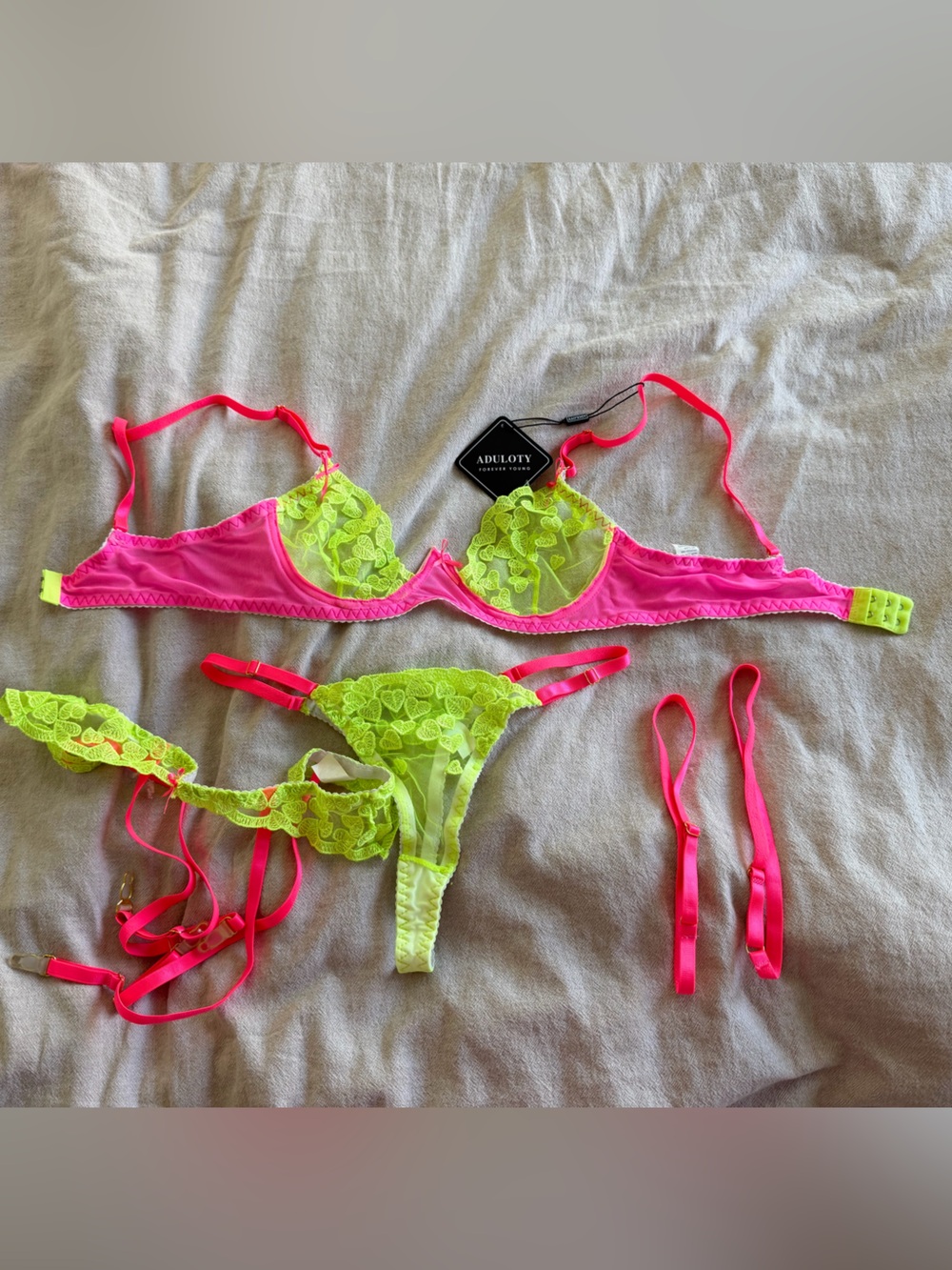 Neon Pink & Lime Green Lace Bra Set